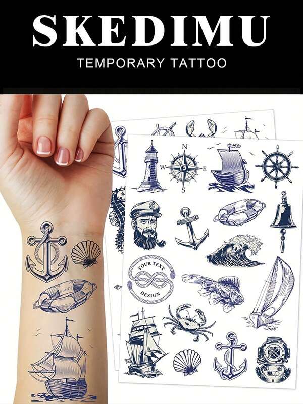 2 tatuagens temporárias náuticas: veleiro, âncora, leme e bússola. Adesivos de tatuagem falsa à prova d'água e de longa duração. Decoração para festas com tema oceânico e arte corporal. Tamanho: 15 x 21 cm.