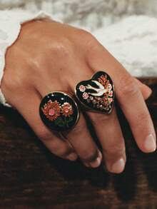 ZAA 花鸟图案树脂滴油戒指，复古手工黑色珐琅釉心形戒指，高端花燕叠层戒指，女士珠宝，6号戒指 - 彩色 - 查看 2
