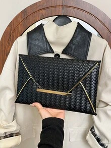 1个PU皮革纯色编织纹理女士日常信封式手拿包，简约优雅，节日礼物 - 黑色 - 查看 5