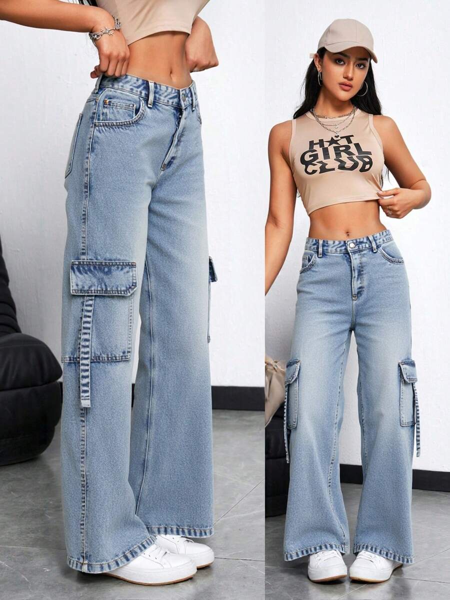 Jeans Mujer Tipo Cargo de Pierna Ancha, Vaqueros Clásicos con Bolsillos Laterales, Ideal para Look Urbano - Azul claro - Ver 1