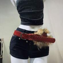 1pc PU Leather Rivet Fleece-Lined Perforated Belt: Punk Street Style Y2K Aesthetic Cool Women's Waist Strap - Pairs With Dresses, Casual Pants & Jeans - A款紅色 - 查看 1