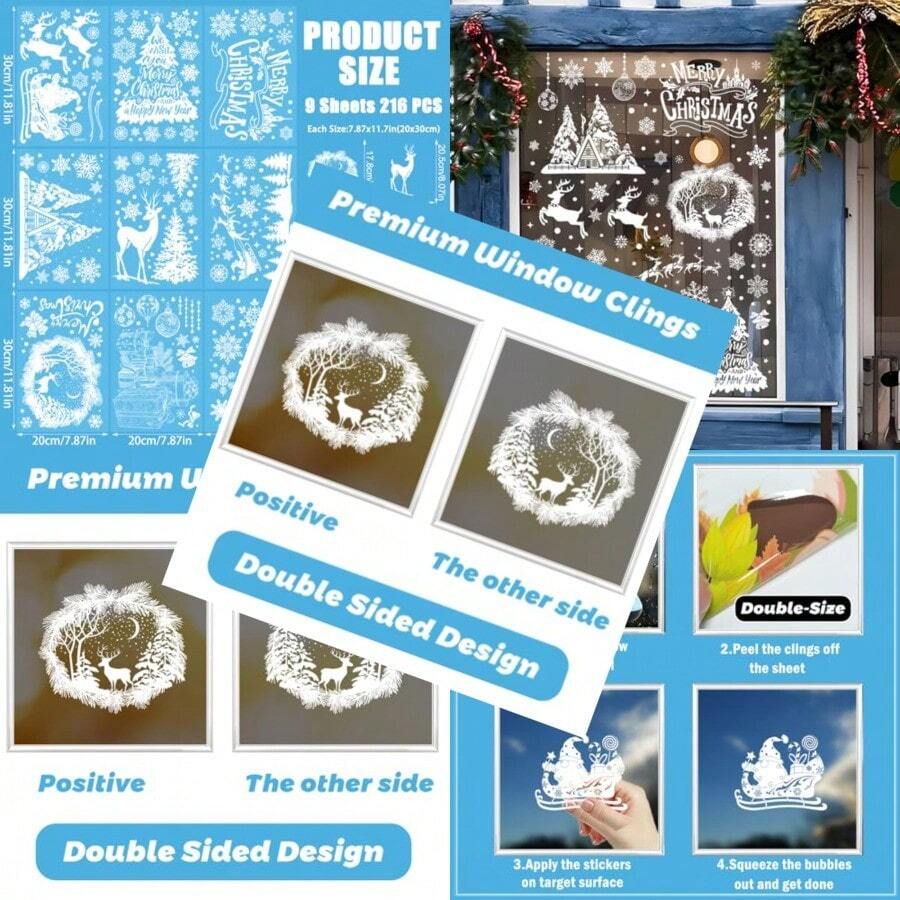9 Sheet Christmas Window Clings White Snowflake Christmas Window Decorations Decals Xmas Santa Claus Reindeer Stickers For Glass Windows Holiday Office Home Indoor Outdoor - White - View 1