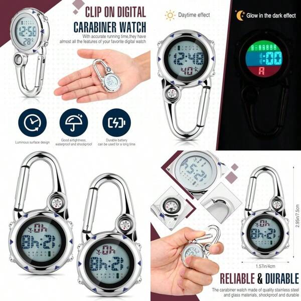 2 Pack Clip On Watches Digital Pocket Carabiner Watches Quartz Backpack Fob Belt Hanging Glow In Dark With Alarm Clock Date Week Men Women Nurse Outdoor Sport Climbing Hiking