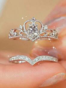 2pcs/Set Elegant Crown & Cubic Zirconia Copper Plated Ring Set, Perfect Valentine's Day Gift For Women - Silver - View 1