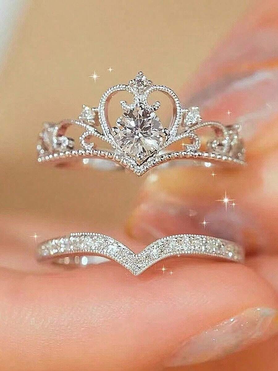 2pcs/Set Elegant Crown & Cubic Zirconia Copper Plated Ring Set, Perfect Valentine's Day Gift For Women - Silver - View 1