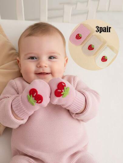 3双/套幼儿女孩草莓图案针织手套，糖果色加厚保暖手套，婴儿手套，卡通刺绣草莓婴儿防抓手套