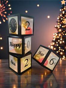 4件套2026中国新年快乐派对装饰套装，黑色和金色2026新年除夕派对气球盒，适用于2026新年派对装饰、新年除夕庆祝活动、新年除夕派对用品、拍照背景，易于组装，不含气球。 - 彩色 - 查看 1