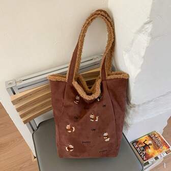 1pc Reversible Multifunctional Shoulder Tote Bag, One Side Solid Faux Fur, One Side Suede Dog Letter Print, Large Capacity Women Backpack