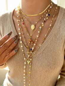 2-7pcs Vintage Elegant Fashion Hip Hop Retro Coin Rhinestone Embellished Pendant Necklace Set, Featuring Cross, Flower, Sun, Heart Designs, Tassel Decor, Y-Necklace, Choker, Suitable For Women, Vacation, Party, Daily Wear, All Seasons