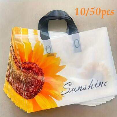 50pcs Sunflower Plastic Carrier Bags, Gift Packaging Bags For Clothing Stores, Cosmetic Shops, Shopping Bags