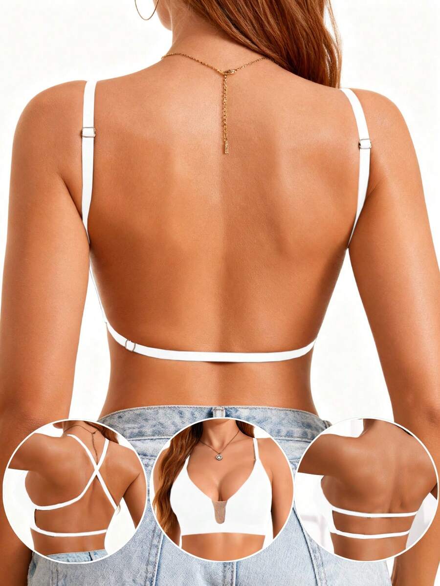 女款無縫露背無鋼圈內衣 3種穿法 柔軟親膚 顯瘦 適用於細肩帶洋裝、婚禮與禮服 - 白色 - 查看 1