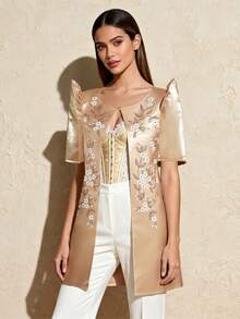 Amyenjoylife Modern Philippine Inspired Blouse, Philippine Inspired Butterfly Sleeve Blouse, Elegant Women's Printed Long Cardigan, Champagne Color Blouse - Champagne - View 4