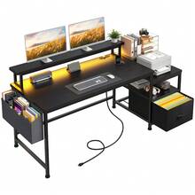 Dual Monitor Computer Desk With Drawers And Printer Space Home Office Gaming Desk With RGB Lighting & Power Charging Station, 20"D*57"W*36" For Dorm/Home - 黑色 - 查看 11