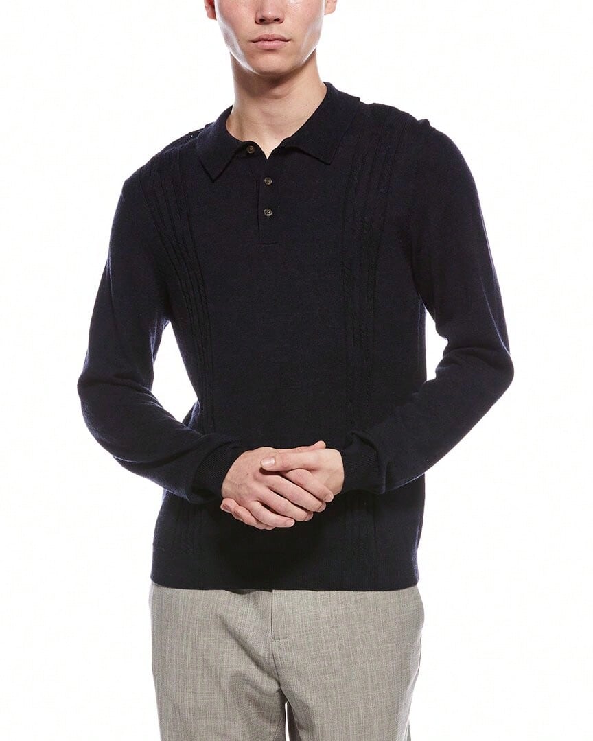 Bruno Magli Cable Front Merino Wool Polo Sweater - Navy - 查看 1