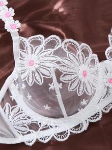 EverydayBra 两套四件套女士白色和粉色花卉刺绣性感内衣套装，半透明雏菊可爱俏皮两件套，包含超短上衣和内裤，打造舒适居家风格 - 彩色 - 查看 4