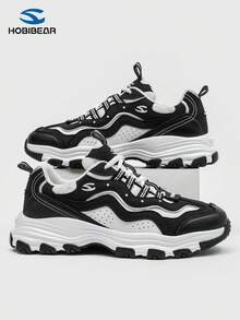 HOBIBEAR Patchwork Design Casual Sports Shoes, Lace-Up Comfortable Versatile Women's Sneakers - Black and White - View 2