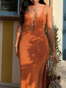 优雅女士时尚低胸修身针织连衣裙，沙滩罩衫，纯色性感时尚春夏连衣裙，海滩度假装，秋季连衣裙，秋冬长款派对连衣裙，适合圣诞节、感恩节和新年等场合 - 橘色 - 查看 7