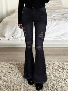 Women's Mid-Raise Stretch Slim Fit Ripped Raw Hem Flared Jeans - Black - View 4