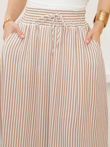 AMY FASHION STRIPED LENGTH SKIRT WITH SLIT AND BAG, THICK WAIST, 2025 FASHION - 卡其色 - 查看 6