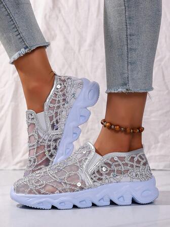Zapatillas deportivas de mujer con malla brillante de cristal, transpirables y cómodas para correr, vacaciones