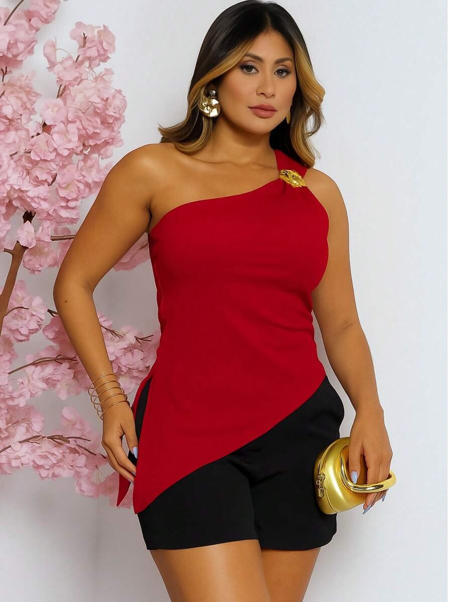 Women's One-Shoulder Tank Top With Flower Buckle And Padded Cups - Summer Fashion - Stylish - 紅色 - 查看 1