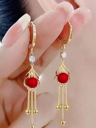 1 Pair Premium Red Tassel, Pearl & Leaf Design Long Dangle Earrings, Elegant Earrings