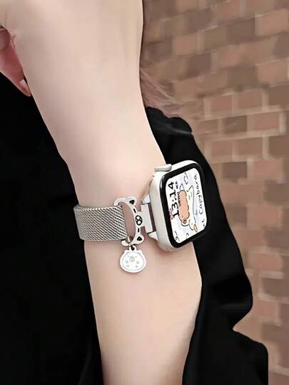 Correa de malla de metal con diseño de dibujos animados en plata compatible con Apple Watch Series 1/2/3/4/5/6/7/8/9/10/SE/Ultra, diseño magnético de liberación rápida, transpirable y duradero, versátil y de moda - se ajusta a 38mm, 40mm, 41mm, 42mm, 44mm, 45mm