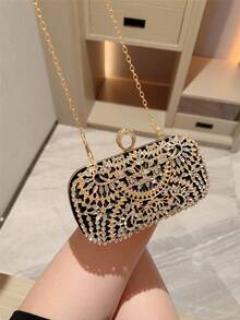 Damen Mode Herbst/Winter Samt Box-förmige Abendtasche, funkelnder Strass Dekor Abendkleid Clutch Tasche für Party, Abschlussball, Gala - Schwarz - Übersicht 7