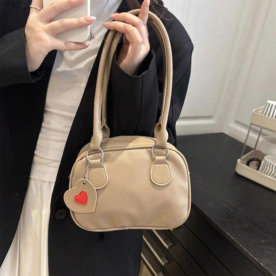 Polyurethane Shoulder Bag for Women Cute Handbag with Heart Shaped Tag for Everyday Use - Caqui - Ver 1