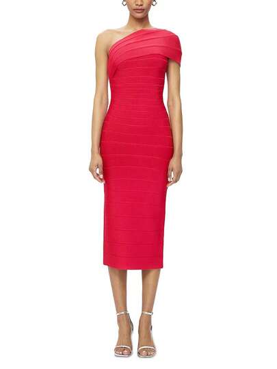 Bernatova Women Classic One Shoulder Basic Formal Office Lady Red Knit Fabric Dresses , Slimming Cocktail Summer Midi Split Bandage Dress For Wedding Guest , Festival , Graduation , Birthday , Homecoming , Dinner Party