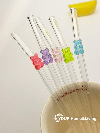 1Pc/2Pcs/1Set Cartoon Decorations Glass Straws With Colorful Bear Charms, Cute Reusable Bent Drinking Glass Straw With Cleaning Brush, For Kitchen, Water Cup, Cold Drinks, Milk Tea, Coffee, Juice, Smoothies, Kitchens, Restaurants, Cocktail Parties, Back-To-School, Gifts For Girlfriends/Boyfriends, Parents, Friends, Holiday Supplies.