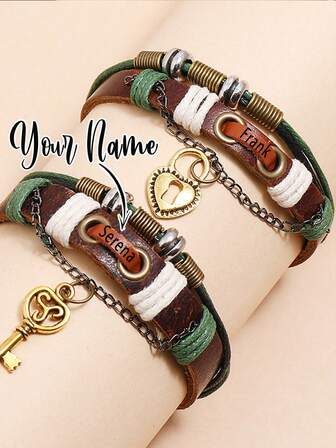 1 pieza Pulseras de pareja de cuero personalizadas, personalizables con nombres, pulseras vintage, regalo de Navidad para él, regalo de Año Nuevo