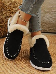 Women's Fluffy Flat Slip-On Sneakers, Comfortable With Warm Fuzzy Lining, Casual Cozy Shoes For Winter - Black - View 3