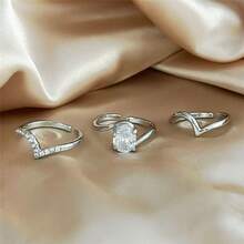 VKHK 3pcs/Set Glamorous Sparkling Cubic Zirconia Decorated Ring Set, Suitable For Women Wedding Wear And Gifts - Diamond Ring Set - View 3