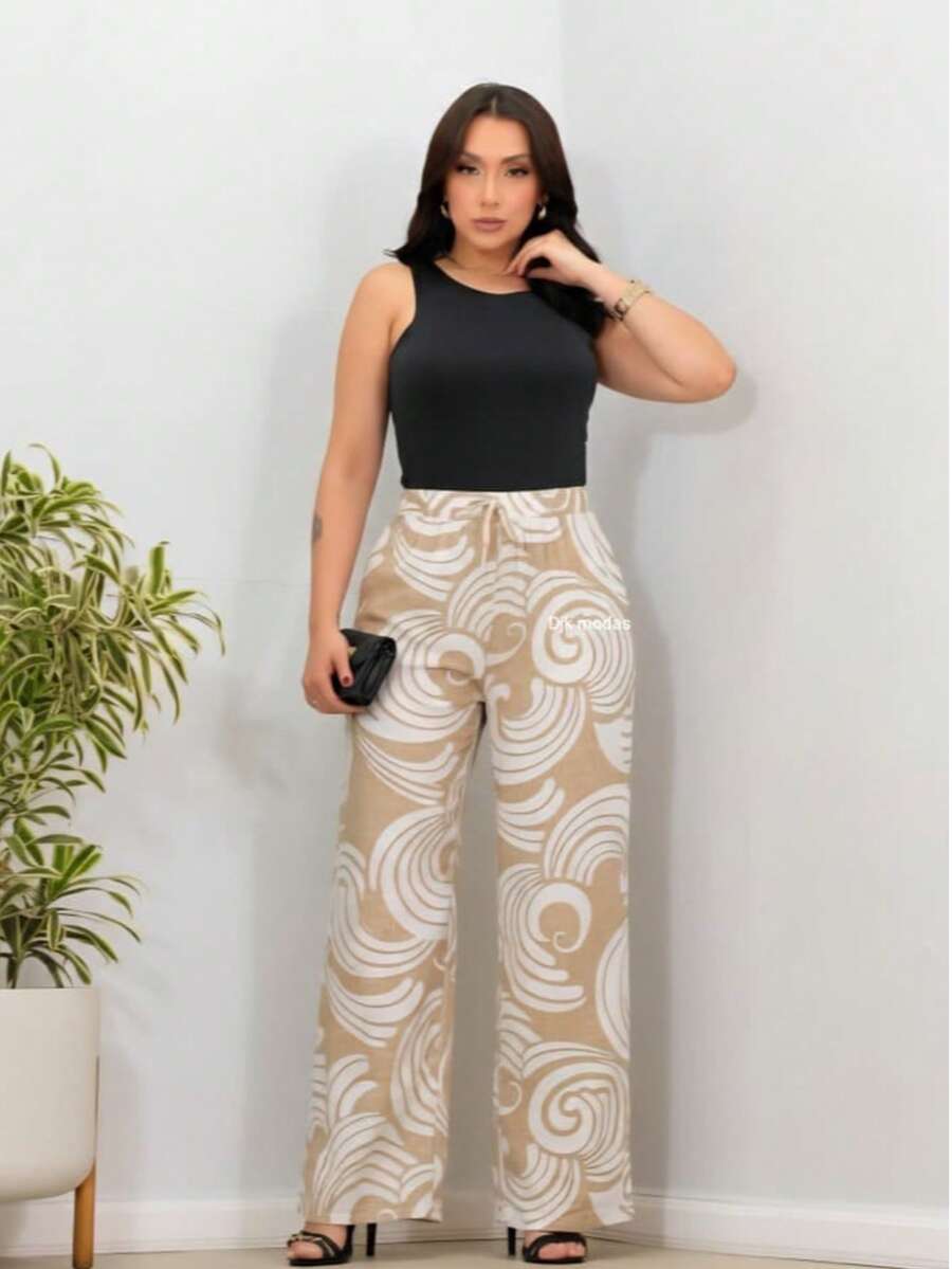Duna Fabric Wide-Leg Pants - Beige Circular Print - View 1