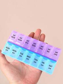 1 pièce/2 rangées 14 compartiments Boîte à pilules bleue et violette, portable et pratique. Grande capacité, étanche à l'humidité, facile à distinguer le matin et le soir. Boîte de rangement pour comprimés, capsules et vitamines avec identification en braille. Distributeur de médicaments pour 1 semaine, 7 jours AM et PM.