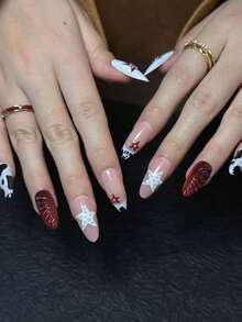 24 piezas de uñas postizas con forma de almendra para otoño e invierno, en caja de regalo. Incluye: Estrella simple acanalada, borde francés, estrella de perla blanca tridimensional, patrón de mancha de leche negra, ondas tridimensionales de color vino tinto, estilo Ins. Adecuado para uso diario, fiestas. Buen regalo para niñas y mujeres. Incluye 1 pieza de pegamento de gelatina y 1 lima. - Multicolor - Ver 1