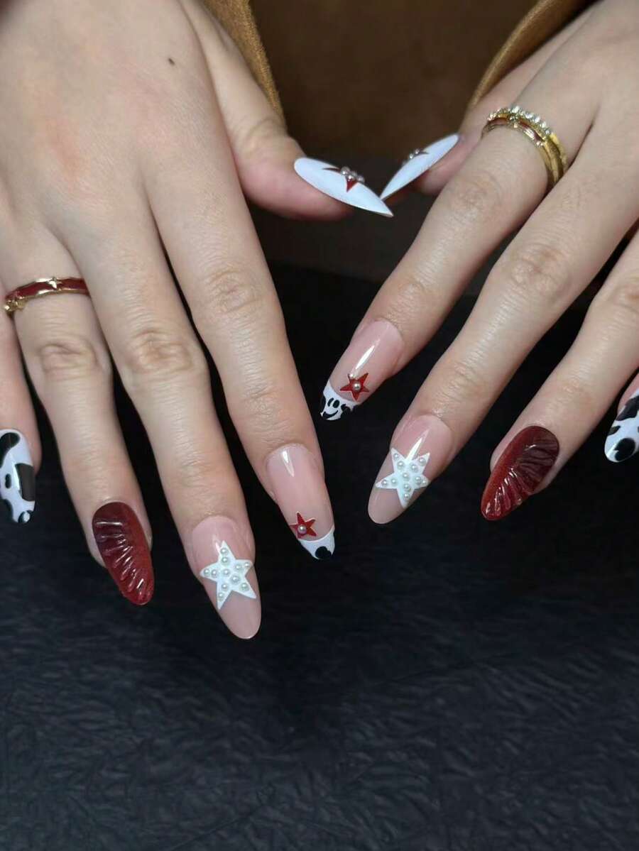 24 piezas de uñas postizas con forma de almendra para otoño e invierno, en caja de regalo. Incluye: Estrella simple acanalada, borde francés, estrella de perla blanca tridimensional, patrón de mancha de leche negra, ondas tridimensionales de color vino tinto, estilo Ins. Adecuado para uso diario, fiestas. Buen regalo para niñas y mujeres. Incluye 1 pieza de pegamento de gelatina y 1 lima. - Multicolor - Ver 1