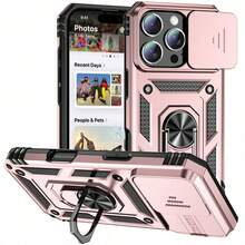 Ring Stand Rotating Slide Camera Lens Military Grade Armor Case For IPhone 16 14 13 12 11 15 Pro Max 16 Plus 13Mini 12Mini Cover - 玫瑰金 - 查看 1