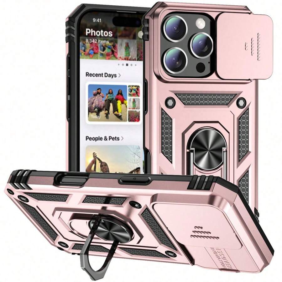 Ring Stand Rotating Slide Camera Lens Military Grade Armor Case For IPhone 16 14 13 12 11 15 Pro Max 16 Plus 13Mini 12Mini Cover - 玫瑰金 - 查看 1