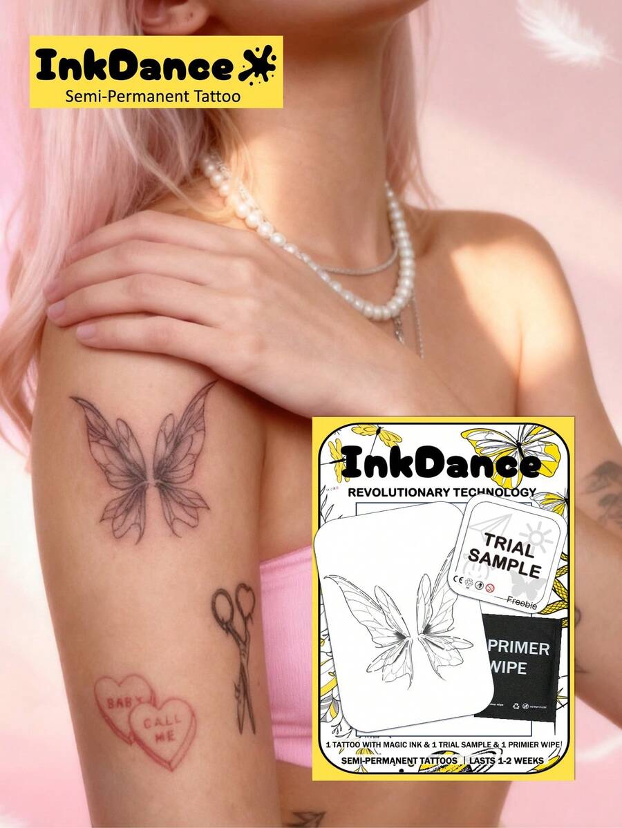 1 Set "Butterfly" Tattoo Stickers, Revolutionary Technology, Semi-Permanent Tattoos, Temporary Tattoos, Long Lasting, Waterproof, Realistic Tattoo Effect, Plant-Based Formula, Product Number X039 - Black - View 1