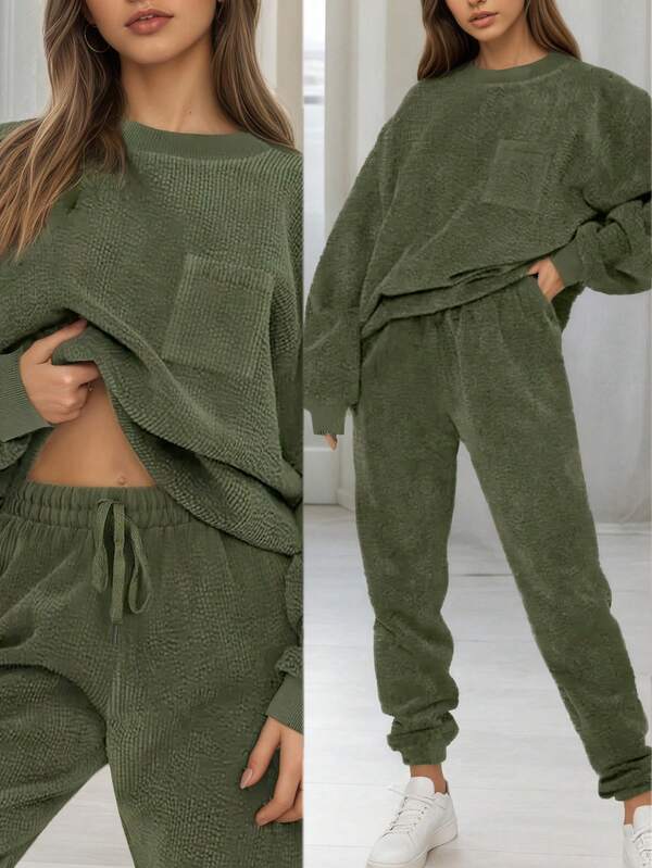 Plus Size/Curve Women's Solid Color Comfortable Round Neck Long Sleeve Top And Drawstring Long Pants Casual 2 Pieces Set