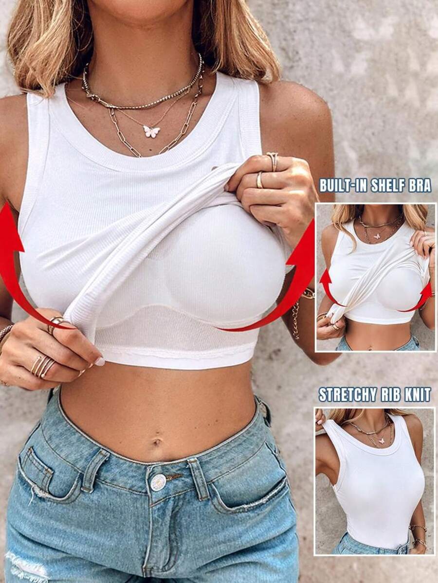 ChicMe Áo hai dây nữ gân sọc có đệm ngực tích hợp, cổ tròn, không tay, dáng ôm, thích hợp mặc đi làm, dự tiệc hoặc dạo phố hàng ngày.