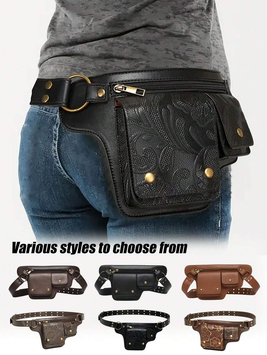 可调节腰包 - 可转换斜挎包，花卉图案，拉链和按扣闭合，人造革腰包，适合日常、正式场合和旅行 - 咖啡棕/黑色，斜挎包，日常配饰，复古风格，涤纶衬里，时尚配饰，复古设计，耐用材质，小巧手提包，时尚爱好者，送给老师、女士、女朋友和家人的完美礼物 - 彩色 - 查看 1