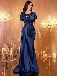 MIUSOL Vestido de fiesta maxi con contraste de encaje con lentejuelas, cuello redondo de satén, cintura ajustada, drapeado lateral asimétrico, elegante vestido de fiesta para mujeres, vestido de noche formal, vestido de graduación, para invitados de boda, cena