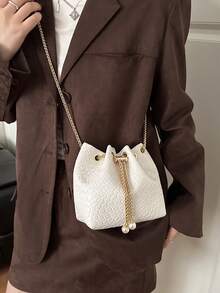 Mini New Fashion Straw Woven Gold Chain Drawstring Bucket Bag Beach Bag - White - View 4