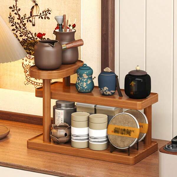 Modern Minimalist Light Brown Freestanding Bathroom Vanity Organizer With Multi-Layer Wooden Desk, Cup Holder And Storage Shelves - Sturdy Wooden Structure, No Assembly Required, Decorative Organizer For Cosmetics, Tea, And Personal Care Items, Bathroom Countertop Storage And Organization, Vanity Organizer