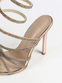 女士时尚性感香槟色亮片水钻装饰踝带超高跟凉鞋，魅力四射的夜店T台模特晚宴派对户外活动细高跟鞋，4.4英寸，春夏装扮 - 香檳色 - 查看 8