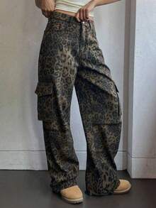 Women's Leopard Print Cargo Pants, Loose Retro Wide Leg Casual Trousers, Autumn - Black - View 2