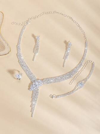 4件套水钻项链、耳环、手链、戒指首饰套装，优雅新娘婚礼配饰